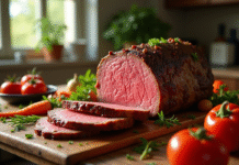 Rôti de boeuf rosé tranché avec légumes frais et herbes