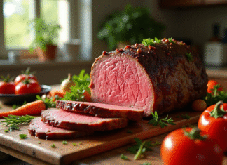Quelle méthode adopter pour cuire un rôti de bœuf de 900 g Rôti de boeuf rosé tranché avec légumes frais et herbes