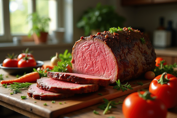 Rôti de boeuf rosé tranché avec légumes frais et herbes