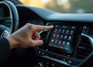Main entrant un code de securite sur le tableau de bord d'une voiture moderne
