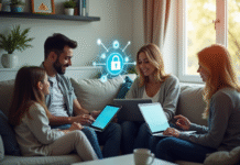 Salon moderne avec famille utilisant tablettes et ordi securite internet