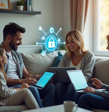 Salon moderne avec famille utilisant tablettes et ordi securite internet