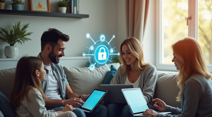 Salon moderne avec famille utilisant tablettes et ordi securite internet