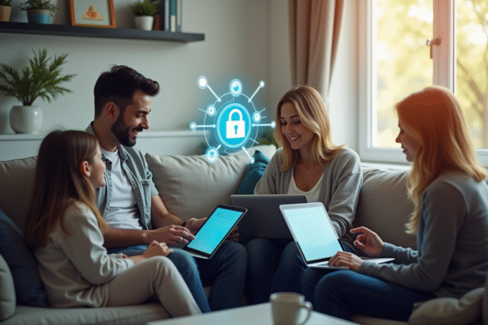 Salon moderne avec famille utilisant tablettes et ordi securite internet