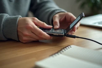 Mains connectant un câble USB à un ancien téléphone Sony Ericsson pour sauvegarder des données sur un bureau en bois
