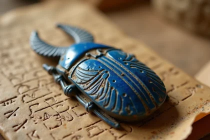 Amulette scarabée égyptien en lapis-lazuli posée sur pierre calcaire avec notes hiéroglyphiques sur papyrus ancien