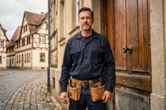 Serrurier professionnel devant une porte alsacienne à Strasbourg dans le Bas-Rhin
