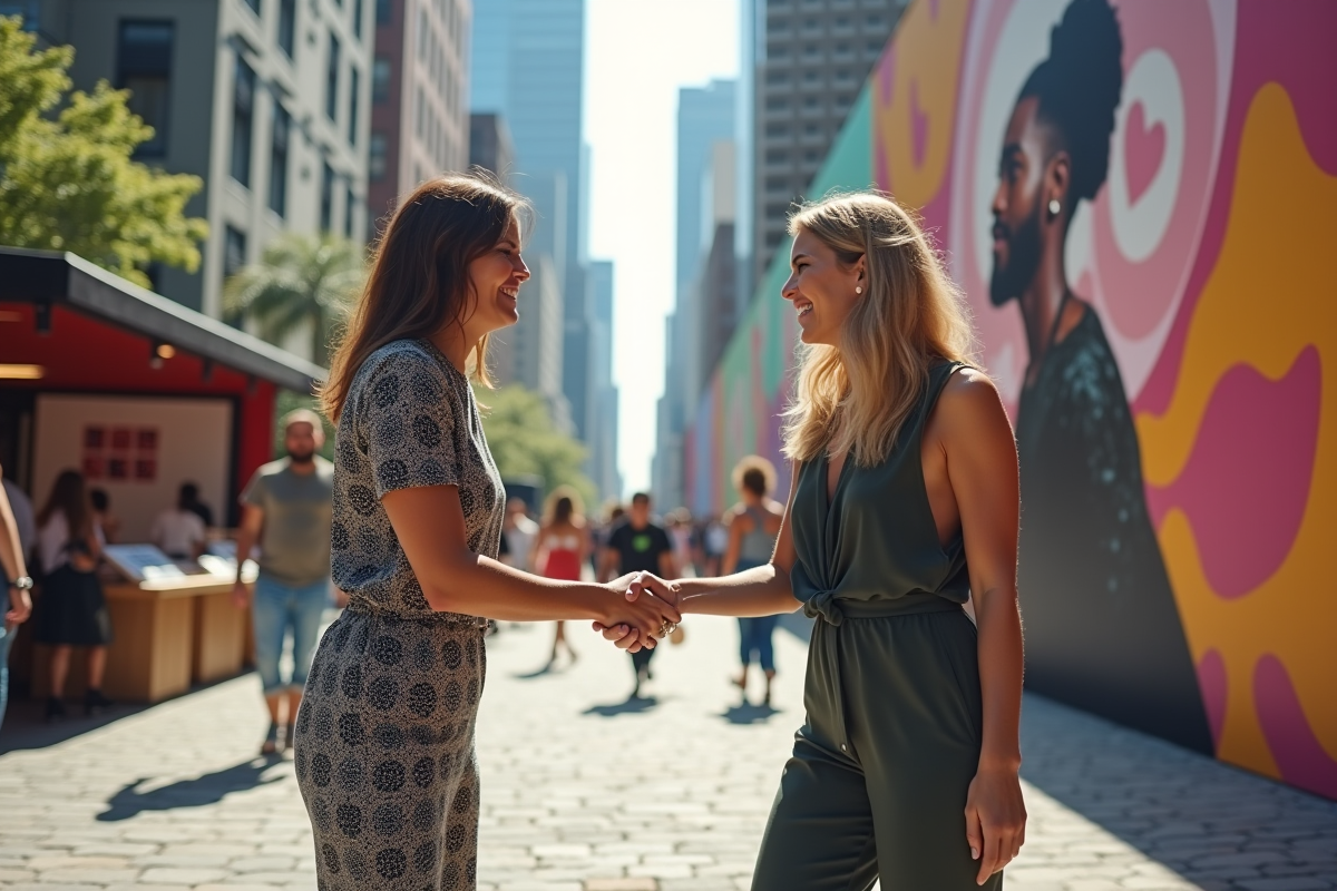 Deux femmes se serrent la main lors d un événement urbain en plein air