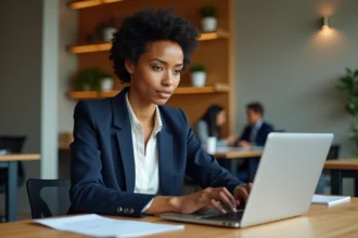 Femme remplissant un formulaire de signalement de discrimination sur un ordinateur portable dans un bureau moderne