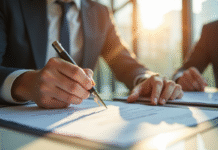 Professionnel signant un contrat de location dans un bureau lumineux