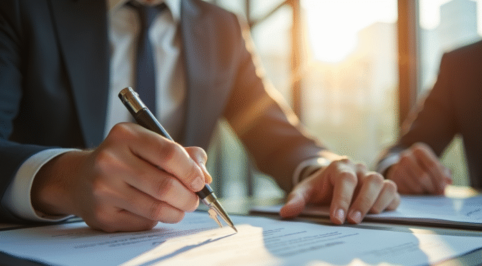 Professionnel signant un contrat de location dans un bureau lumineux