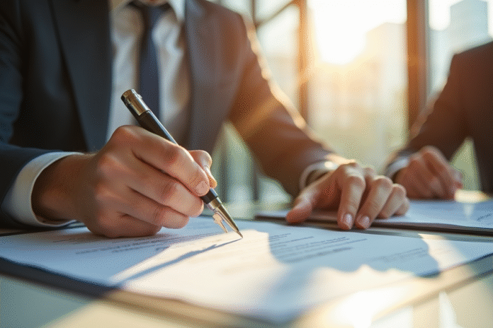 Professionnel signant un contrat de location dans un bureau lumineux