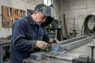 Soudeur professionnel examinant une soudure sur acier cornière dans un atelier industriel