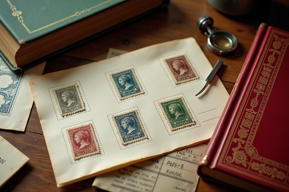 Collection de timbres rares français posés sur un bureau en bois avec albums philatéliques, pinces et loupes pour la conservation