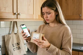 Jeune femme consultant l'application de suivi de colis Vinted Go sur son smartphone en tenant un petit paquet d'expédition dans sa cuisine