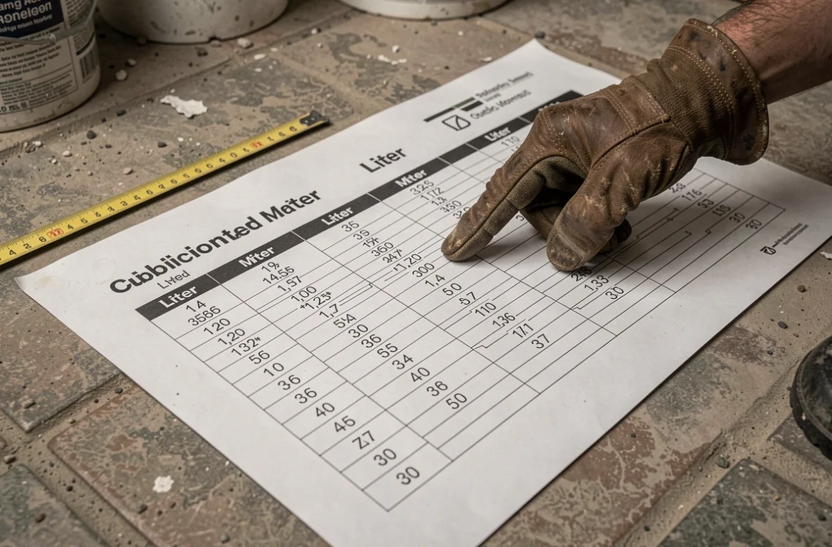 Tableau de conversion m3 et litre imprimé posé sur un chantier avec ruban de mesure pour devis travaux