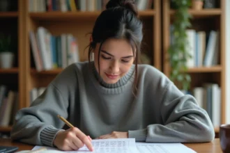 Femme consultant un tableau de conversion miles kilomètres à son bureau à domicile