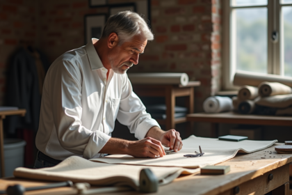 Tailleur homme mesurant un tissu en atelier lumineux