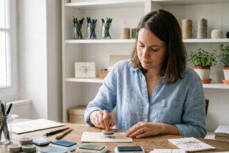 Femme utilisant un tampon encreur personnalisé sur une enveloppe dans un bureau artisanal français bien organisé