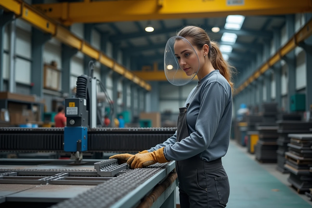 Femme technicienne examinant une pièce découpée sur une table de découpe plasma CNC dans un atelier de fabrication
