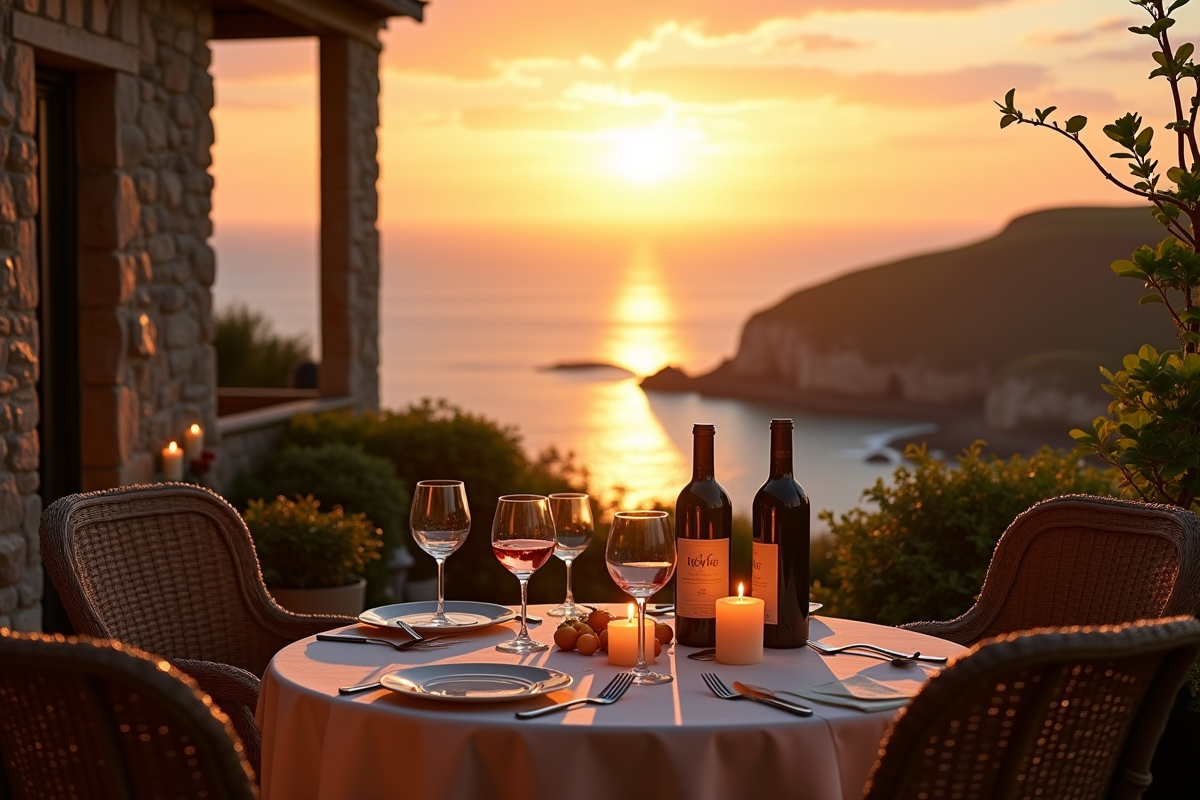 Terrasse au coucher de soleil avec table pour deux en Bretagne