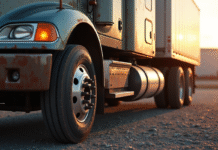 Vieux tracteur et semi-remorque sur un terrain ensoleille avec details