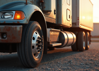 Les critères fondamentaux pour évaluer un tracteur et semi-remorque d’occasion Vieux tracteur et semi-remorque sur un terrain ensoleille avec details