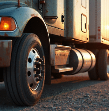 Vieux tracteur et semi-remorque sur un terrain ensoleille avec details