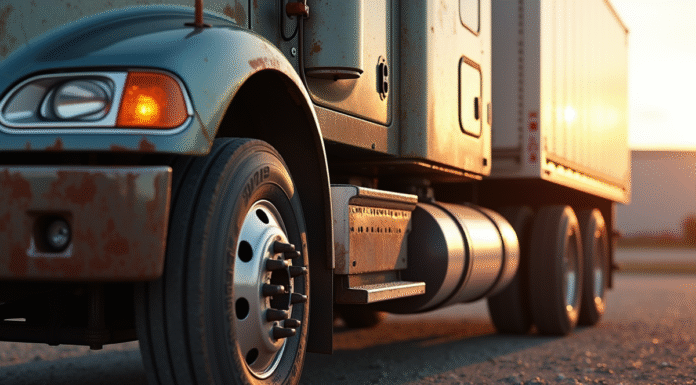 Vieux tracteur et semi-remorque sur un terrain ensoleille avec details