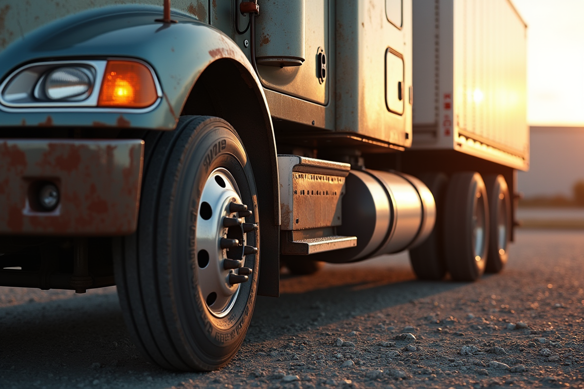 Vieux tracteur et semi-remorque sur un terrain ensoleille avec details