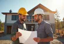 Propriétaire et ouvrier examinant des plans de maison