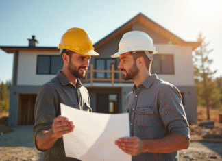 Propriétaire et ouvrier examinant des plans de maison