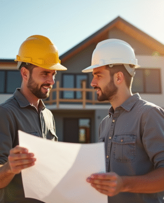 Propriétaire et ouvrier examinant des plans de maison
