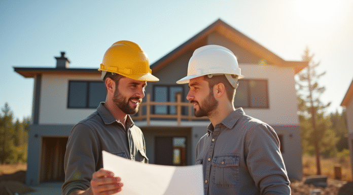 Propriétaire et ouvrier examinant des plans de maison