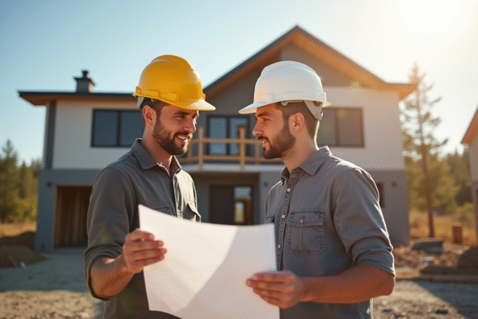 travailleuretproprietaireplans Propriétaire et ouvrier examinant des plans de maison