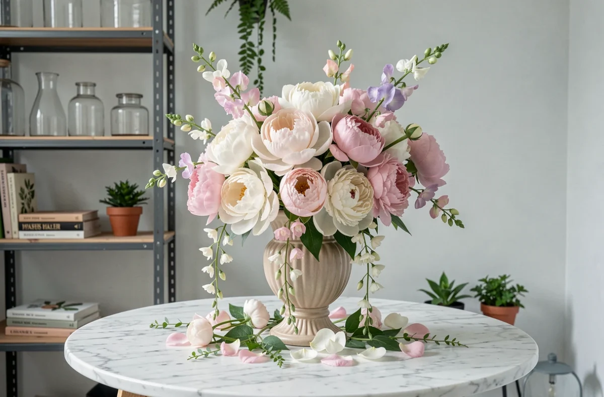 Composition florale artistique de Végétal Passion à Bourges avec pivoines, pois de senteur et jasmin dans un vase en céramique cannelée
