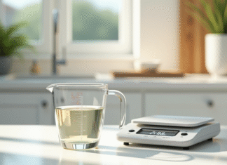 Conversion des unités de mesure : comment passer de 40 cl à des grammes ? Verre mesureur rempli de liquide sur plan de travail lumineux