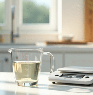 Verre mesureur rempli de liquide sur plan de travail lumineux