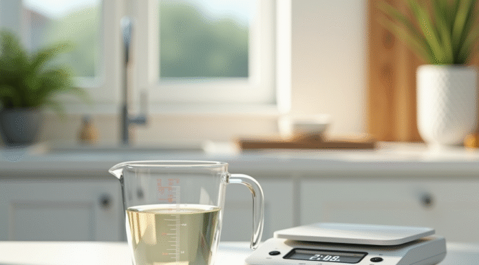 Verre mesureur rempli de liquide sur plan de travail lumineux