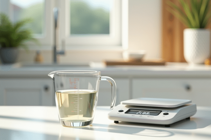 Verre mesureur rempli de liquide sur plan de travail lumineux