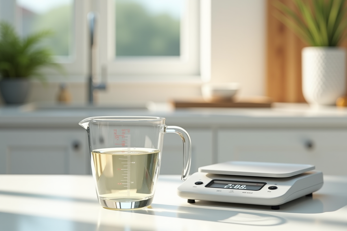 Verre mesureur rempli de liquide sur plan de travail lumineux