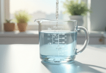 Verre mesure eau sur plan de cuisine lumineux