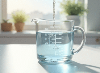 Convertir facilement 100 g en ml : comment faire ? Verre mesure eau sur plan de cuisine lumineux