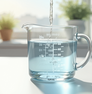Verre mesure eau sur plan de cuisine lumineux