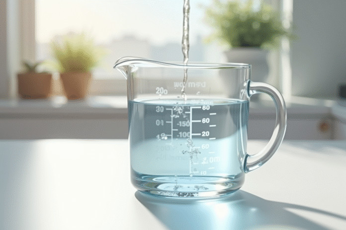 Verre mesure eau sur plan de cuisine lumineux