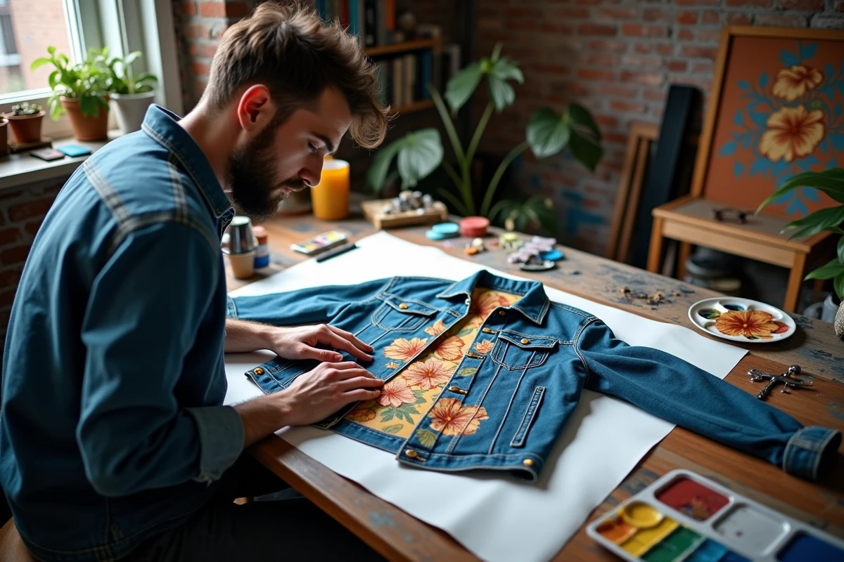 Homme inspectant une veste en jean personnalisée avec des motifs floraux peints à l'aérographe dans un studio urbain