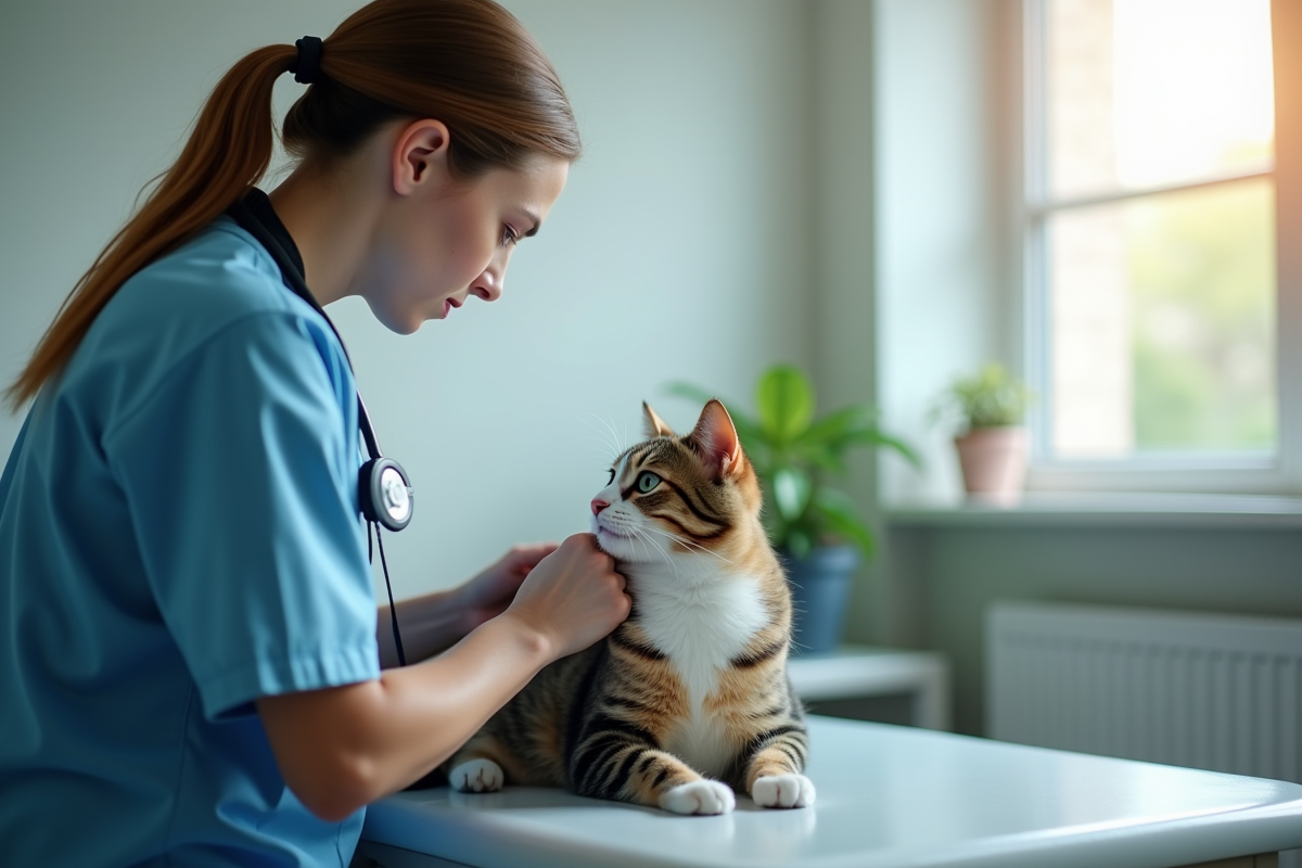 Vétérinaire examinant un chat adulte sur une table d