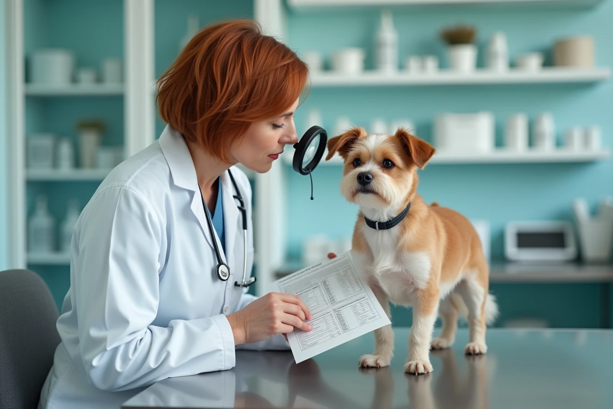 Vétérinaire examinant la peau et le pelage d'un chien sensible lors d'une consultation nutritionnelle en clinique
