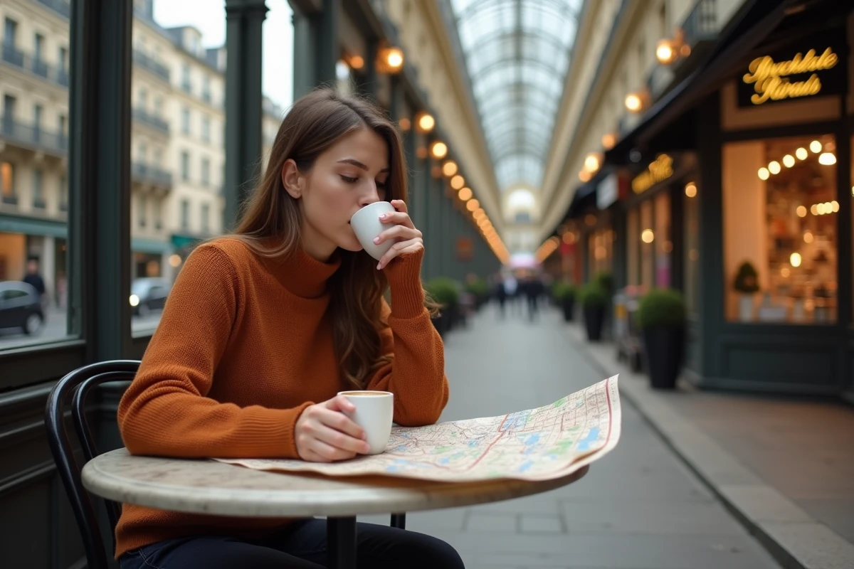 Une voyageuse solitaire savourant un espresso à une table de café à l'intérieur d'une galerie couverte parisienne, carte de Paris dépliée devant elle