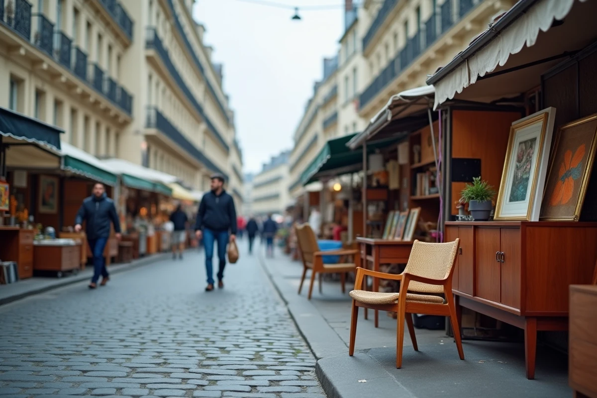 Vue panoramique des allées du marché aux puces de la Porte de Vanves avec mobilier vintage
